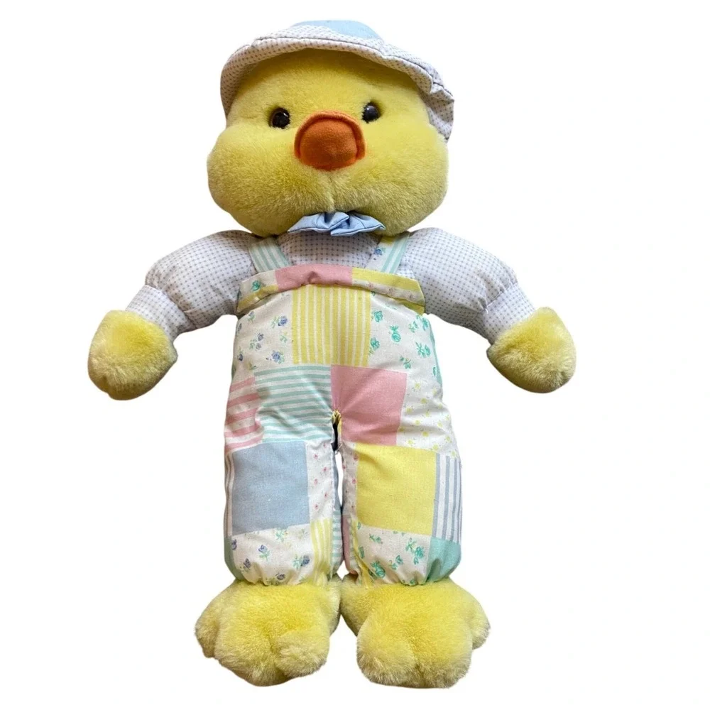 Vintage Well-Made Toy Corp Yellow Duckling Plush Patchwork Overalls Hat Easter